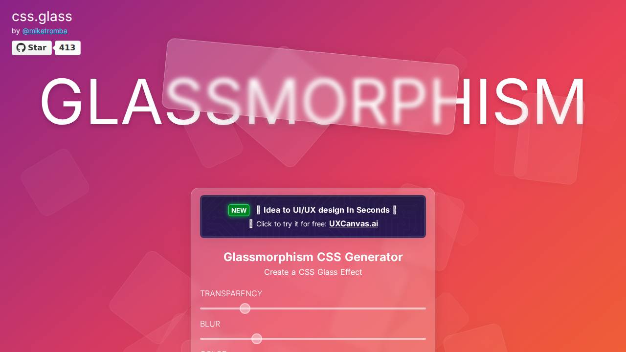 Glassmorphism CSS Generator Screenshot